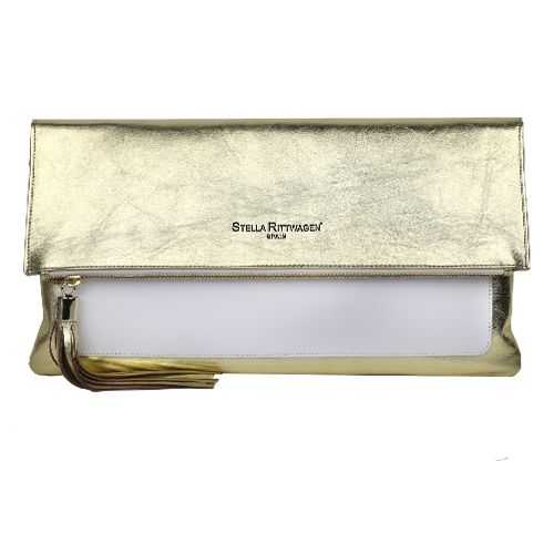 Cartera de mano clutch piel dorado y blanco stella  rittwagen